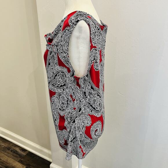 White House Black Market Knit Top Red Black Paisley Stretch Women’s L (A0131) - Picture 3 of 6